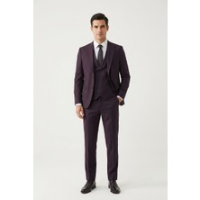 Bihan Store Erkek 6 Drop Slim Fit Yelekli Takım Elbise Çift Yırtmaç Altın Kuş Gözü - Mürdüm