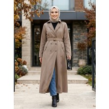 Harma Time Butik Kadın Düğmeli Astarlı Kemerli Bondit Bej Trenç