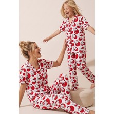 Siyah İnci Hello Kitty Lisanslı %100 Pamuk Beyaz Çok Renkli Düğmeli Biyeli Pijama Takım 26120451