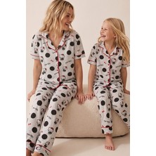 Siyah İnci Hello Kitty Lisanslı %100 Pamuk Gri Melanj Çok Renkli Düğmeli Biyeli Pijama Takım 26120451