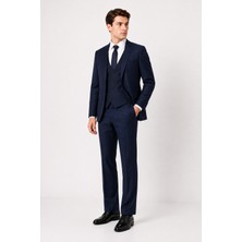 Bihan Store Erkek 6 Drop Slim Fit Yelekli Takım Elbise Çift Yırtmaç Altın Kuş Gözü - Koyu Indigo
