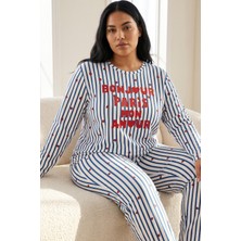 Siyah İnci Çizgi Desenli Pamuklu Likralı Büyük Beden Battal Boy Örme Pijama TAKIM26240938