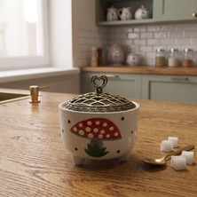 Lueeci Mantar Desenli Ayşen Seramik, Metal Kapaklı Şekerlik, Sunumluk, Çerezlik 10X10 cm