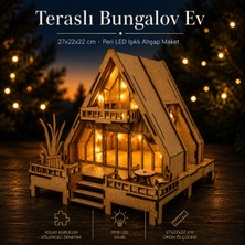 A-Çatı Teraslı Bungalov Ev 3D Ahşap Maket Peri LED Işıklı Balkonlu Dekoratif Ev Seti