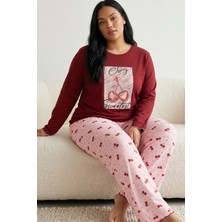 Siyah İnci Bordo Desenli Pamuklu Likralı Büyük Beden Battal Boy Örme Pijama TAKIM26240895