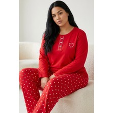 Siyah İnci Kırmızı Desenli Nakışlı Pamuklu Likralı Büyük Beden Battal Boy Örme Pijama TAKIM26240885