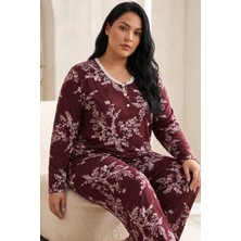 Siyah İnci Bordo Desenli Düğmeli Pamuklu Likralı Büyük Beden Battal Boy Örme Pijama TAKIM26240955