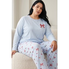 Siyah İnci Mavi Desenli Nakışlı Pamuklu Likralı Büyük Beden Battal Boy Örme Pijama TAKIM26240874