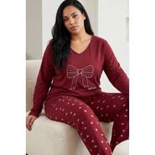 Siyah İnci Bordo Desenli Nakışlı Pamuklu Likralı Büyük Beden Battal Boy Örme Pijama TAKIM26240909