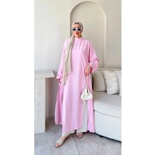 RFK Butik Kadın Seyyar Kemerli Tensel Yırtmaç Detaylı Tunik Boy Bluz - Toz Pembe