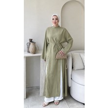 RFK Butik Kadın Seyyar Kemerli Tensel Yırtmaç Detaylı Tunik Boy Bluz - Açık Yeşil