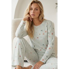 Siyah İnci Yeşil Desenli Pamuklu Likralı Örme Pijama TAKIM26240338