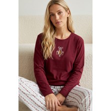 Siyah İnci Bordo Desenli Nakışlı Pamuklu Likralı Örme Pijama TAKIM26240345