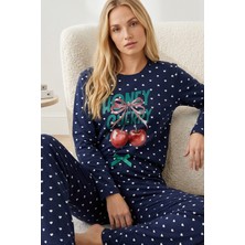Siyah İnci Lacivert Desenli Pamuklu Likralı Örme Pijama TAKIM26240308