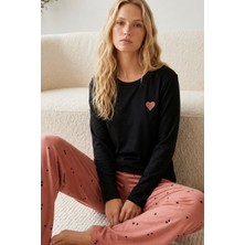 Siyah İnci Siyah Desenli Nakışlı Pamuklu Likralı Örme Pijama TAKIM26240352
