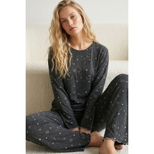 Siyah İnci Antrasit Desenli Likralı Örme Pijama TAKIM26240336