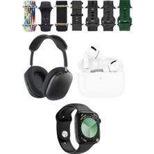 TeknoKapsül Karler Bass K32 Kombo 7 Adet Kordon Akıllı Saat Airpods Kulaklık Kafa Üstü Kablosuz Kulaklık Set - Siyah