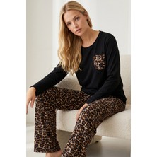 Siyah İnci Siyah Leopar Desenli Nakışlı Pamuklu Likralı Örme Pijama TAKIM26240327