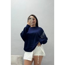 Belendir Kadın Kolları Taş Detay Modal Sweat Lacivert