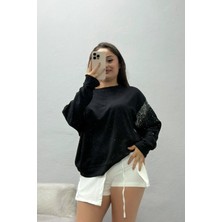 Belendir Kadın Kolları Taş Detay Modal Sweat Siyah