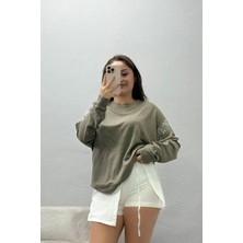 Belendir Kadın Kolları Taş Detay Modal Sweat Haki