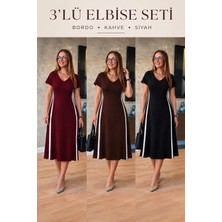 Lune Store Kadın Kısa Kollu V Yakalı Yanları Şerit Detaylı Viskon Iki Iplik Midi Elbise 3'lü Renk Paketi