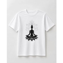 Broşürevim Minimal Lotus Çiçeği ve Yoga Temalı Günlük Beyaz Kısa Kollu Kadın Tişört