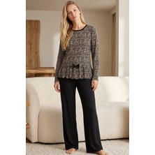 Siyah İnci Leopar Desenli Pamuklu Likralı Bisiklet Yaka Örme Pijama TAKIM26240285