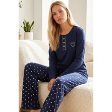 Siyah İnci Lacivert Desenli Nakışlı Pamuklu Likralı Bisiklet Yaka Örme Pijama TAKIM26240280