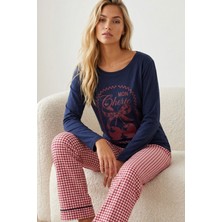 Siyah İnci Lacivert Desenli Pamuklu Likralı Örme Pijama TAKIM26240297
