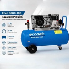 Eccoair Dalgakıran 100 Litre 3 Hp 8 Bar Tek Kademeli ECCO3008-100 Hava Kompresörü 100 Litre