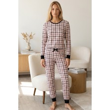 Siyah İnci Ekose Desenli Pamuklu Likralı Bisiklet Yaka Örme Pijama TAKIM26240282