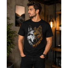 Broşürevim Nostaljik Bozkurt Temalı Ön Yüz Baskılı Siyah Unisex Erkek Kadın Günlük Kısa Kollu Tişört