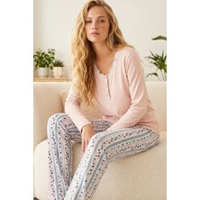 Siyah İnci Somon Desenli Düğmeli Pamuklu Likralı Örme Pijama TAKIM26240324