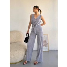 Boom Bester Kadın Kruvaze Yaka Kuşaklı Şifon Tulum  Bol Paça Kolsuz Şık Tulum