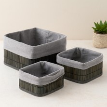 TeknoKapsül Kare Bambu Kenarlı Organizer Sepet - Bezli Ahşap Taban (3 Boy, 17X21X25 Cm)