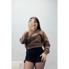 Belendir Kadın 3 Iplik Kapşonlu Crop Sweat Kahve