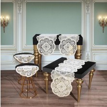 Alya Model Altın 5 Parça Dantelli Salon Takımı Masa Örtüsü Runner Seti