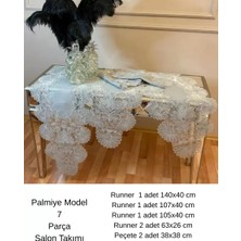 Ceki Home Salon Takımı 7 Parça Keten Masa Örtüsü Runner Seti Çeyizlik Palmiye Model No 1482 Gri