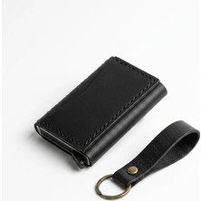 Hakiki Deri Mekanizmalı Cüzdan Anahtarlık Hediyelik Set El Dikişi Unisex Siyah Taba 7X10 cm