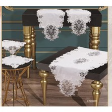 Ceki Home Salon Takımı 5 Parça Keten Dantelli Masa Örtüsü Runner Seti Anna Model - Krem