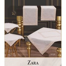 Çeyizlik Zara Model Bej Dantelli Keten Masa Örtüsü Runner Seti 5 Parça