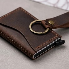 Hakiki Deri Mekanizmalı Cüzdan Anahtarlık Hediyelik Set El Dikişi Unisex Siyah Taba 7X10 cm