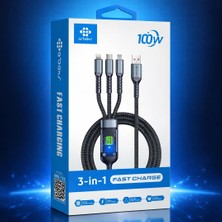 Arbaks ARB-125 3’ü 1 Arada 100W Hızlı Şarj Kablosu – Type-C, Lightning, Micro Usb, LED Ekranlı, Örgülü Dayanıklı Tasarım