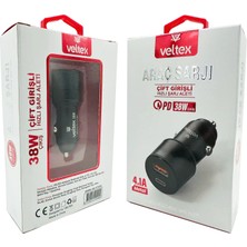 4.1A 38W Pd + Qc3.0 USB Hızlı Araç Şarj Metal Başlığı Veltex VTX-104