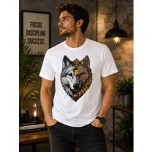 Broşürevim Nostaljik Bozkurt Temalı Ön Yüz Baskılı Beyaz Unisex Erkek Kadın Günlük Kısa Kollu Tişört