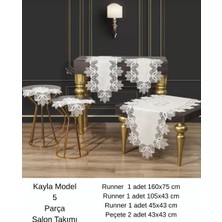 Ceki Home Salon Takımı 5 Parça Keten Masa Örtüsü Runner Seti Çeyizlik Kayla Model No 22252 Krem-Gümüş