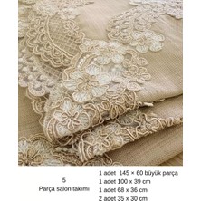 Ceki Home Salon Takımı 5 Parça Keten Dantelli Masa Örtüsü Runner Seti Çeyizlik Firuze Model No 888 Kapiçino