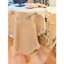 Flowers Model Gri 5 Parça Keten Dantelli Masa Örtüsü Runner Seti Dekoratif Salon Takımı