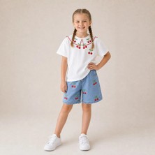 Almira Anne Bebek Kız Çocuk Kiraz Işlemeli Bebe Yaka Tişört ve Kot Şortlu Takım
